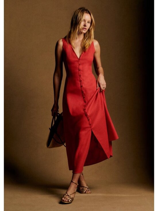 Sezane Dresses & Skirts - NWT Sezane Fitia Midi in Poppy Red Linen Sleeveless Shirt Dress 38 / US 6